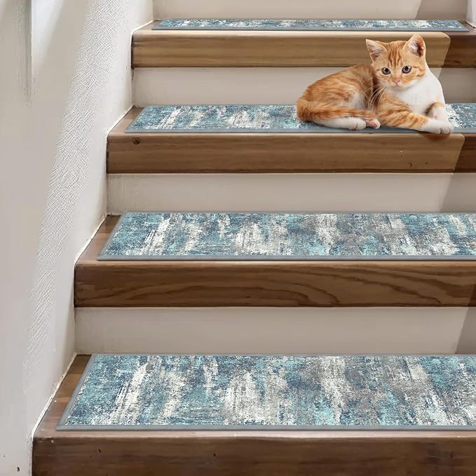 sarben 8"x30" Non Slip Stair Treads for Wooden Steps 15 Pack, Teal | Peel and Stick Carpet Stair Runner with TPE Adhesive Backing, Carpet for Added Safety, Pet and Senior Friendly