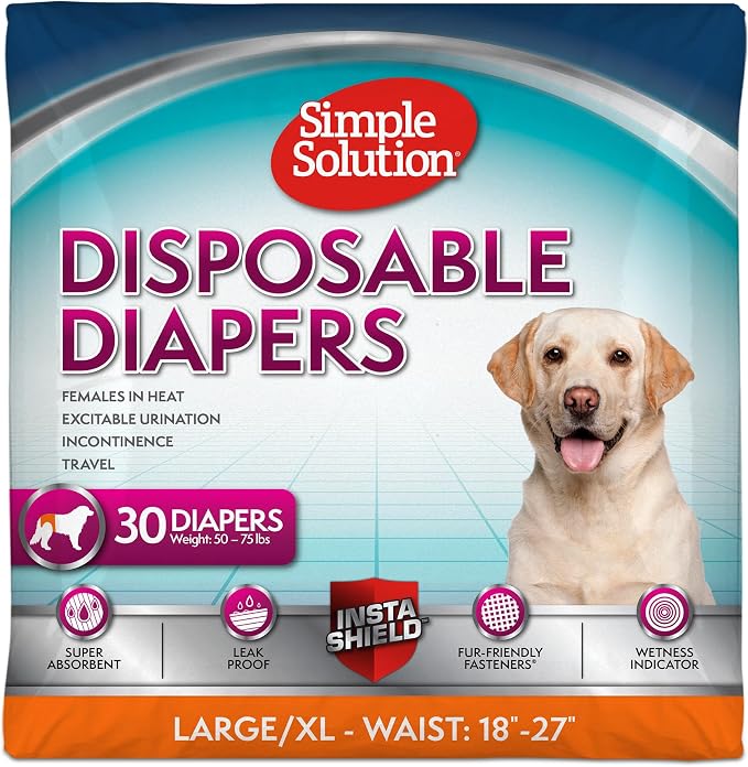 Simple Solution Female Dog Diapers, Disposable Dog Diapers, L/XL, 30 Count | Dog in Heat, Potty Training, Incontinence Support, Leak Proof, Puppy Training, Disposable Protection, Secure Fit, 18-27 Inch