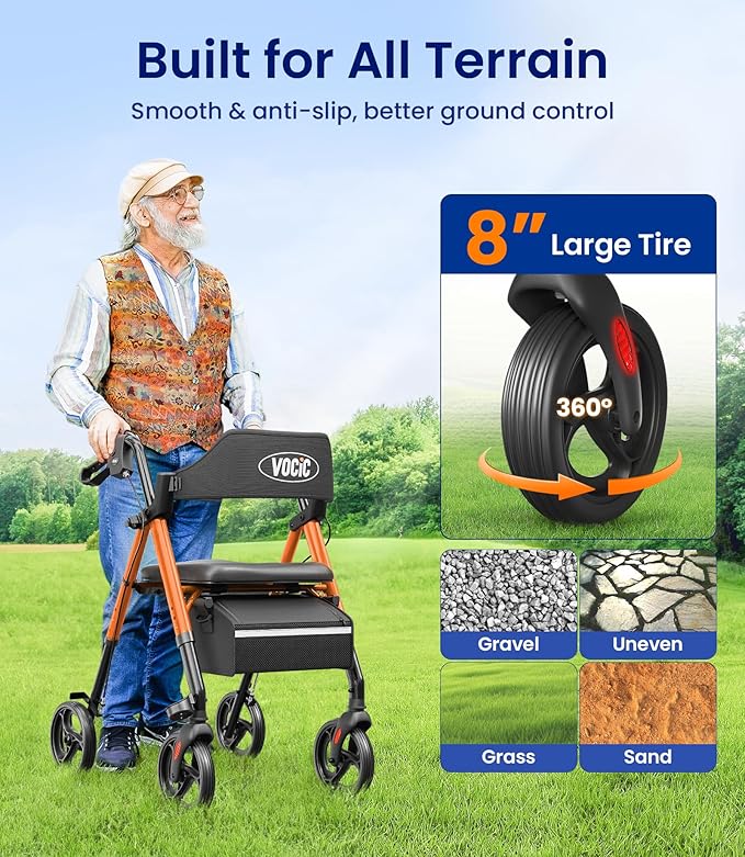 VOCIC Walkers for Seniors, Z21 Rollator Walker with Seat Supports 350lb, 8" Big Wheels for All Terrain, Ergonomic Arc Seat & 6" Ultra Backrest Foldable Walker, Dual Height Adjustment, Lightweight 2025