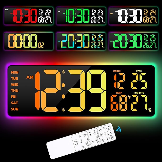 17.3"Large Digital Wall Clock 15 Color Modes Display 8 Color Night Light | Large Number, Elderly-Friendly, Auto-Dimming/DST, Wall Mounted for Home Garage Gym Classroom Office,Gift for Senior Mom Dad