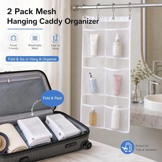 Bsagve 2 Pack Mesh Hanging Caddy Organizer with 6 Pockets, Shower Curtain Rod Liner Hanging Storage Pockets Bathroom Hanger, Bath Toy Holder