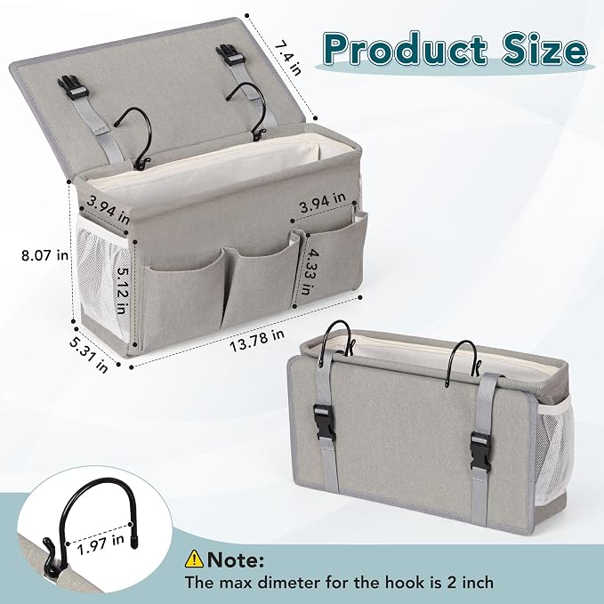 Bedside Caddy Storage Organizer for Bed Rails, Bed Caddy with 6 Pockets | Bedside Organizer with Fixed Straps and Hooks, Mattress Supported Versatile for Home, Dorm, Bunk, Hospital and Crib Bed