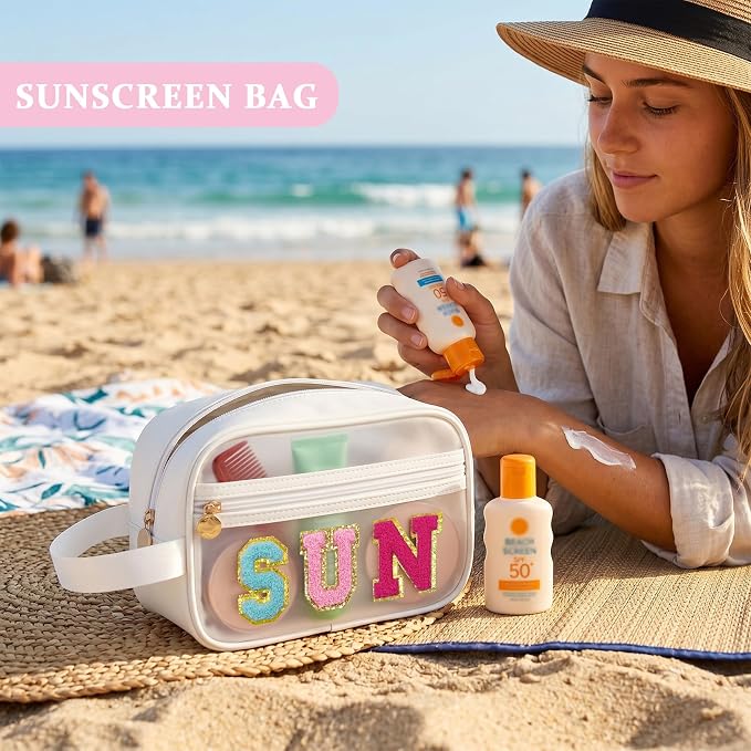 COSHAYSOO Clear SUN Makeup Bag Sunscreen SPF Pouch Beach Pool Lake Spa Travel Cosmetic Toiletry Stuff Organizer for Women Teenage Girls Mothers Day Nurse Appreciation Graduation Preppy Gifts