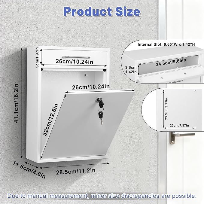 KYODOLED Locking Wall Mount Mailbox for Outside, Drop Box, X-Large, White | Heavy-Duty Steel, Outdoor Mail Box with Key Lock, Large Capacity, Home, Office & Apartment Use, 16.2H × 11.2L × 4.6W In