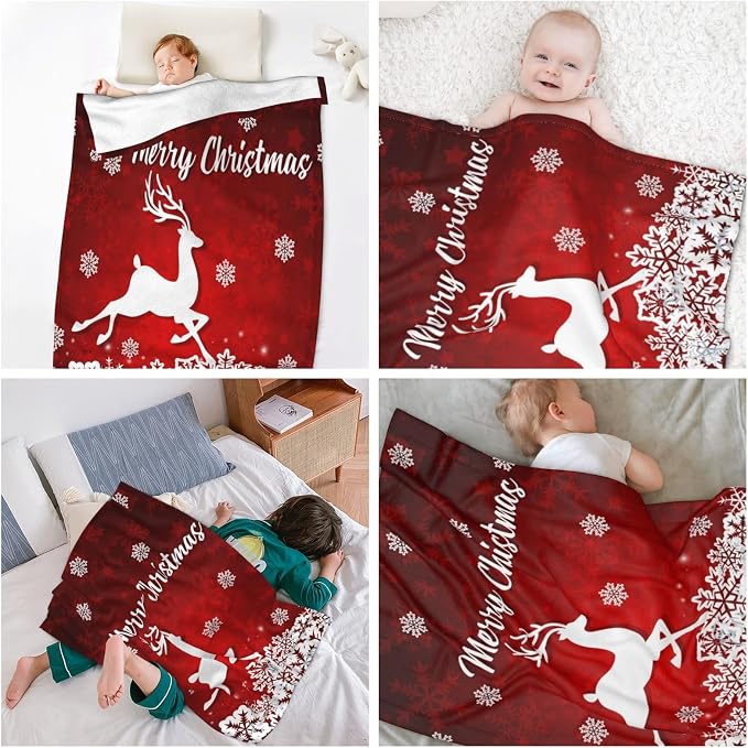Merry Christmas Red Flannel Fleece Throw Blanket - White Snowflake Printed, Soft Plush for Bedroom, Couch, Sofa - 30"x40"