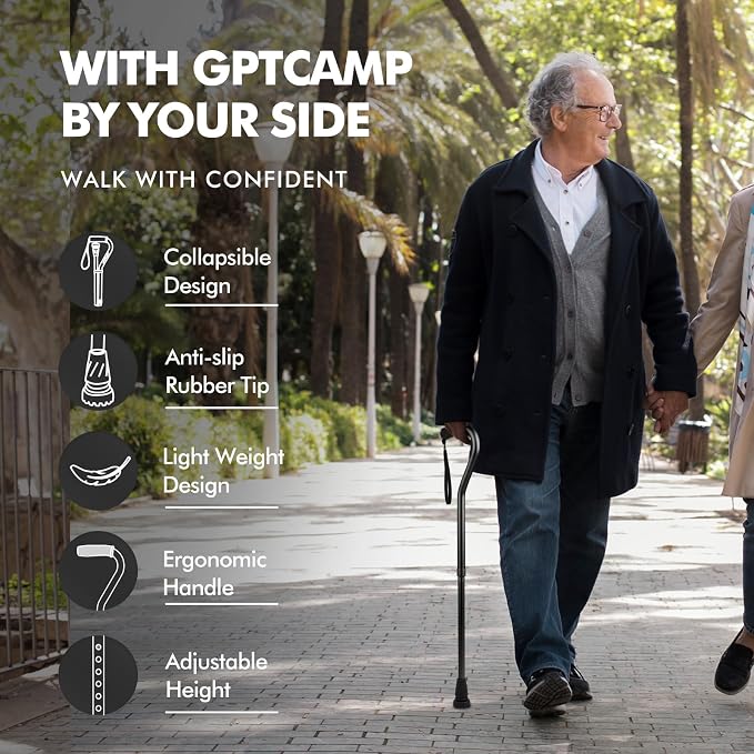 GPTCAMP Walking Cane and Walking Stick for Men Women,Lightweight Folding Canes with Offset Soft Cushioned Handle,Adjustable & Collapsible,Mobility & Leg Surgery Recovery