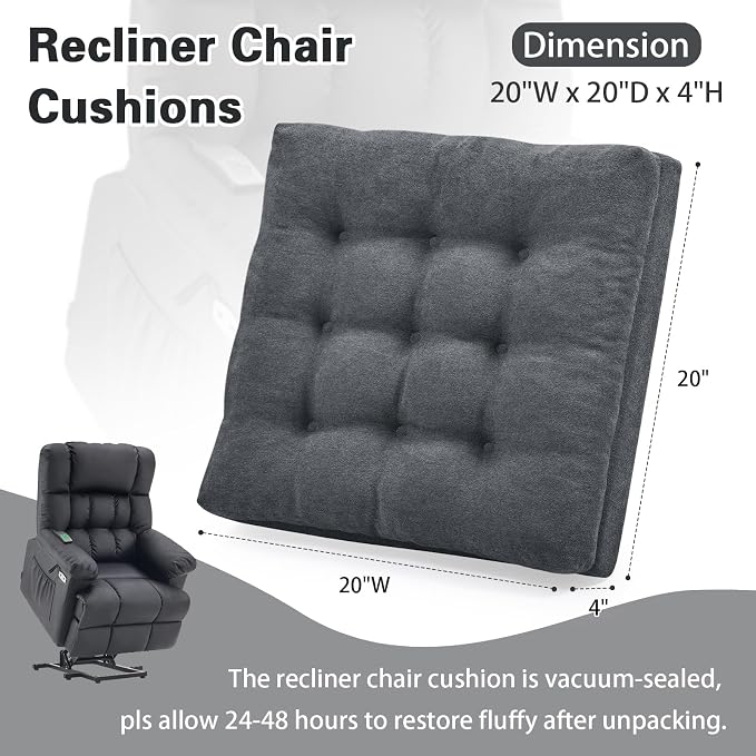 Recliner Seat Cushion for Elderly - Patented Dual Design for Sagging Recliner Replacement & Easy Get Up, Booster Cushion Relieves Back Pain from Sofa, Couch, Chair 20x20x4 Inches Dark Grey