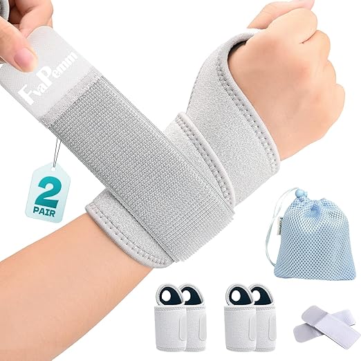 Wrist Support Brace for Right Left Hand 2 Pairs, Wrist Wraps for Women Men, Adjustable Wrist Brace for Carpal Tunnel Tendonitis, Arthritis, Pain Relief, Weightlifting, Sports, Day Night Support, Grey