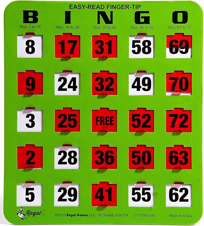 Regal Bingo - Shutter Slide Bingo Cards Only - 8” x 9” - 5-Ply Green Cardstock - Easy to Read - No Duplicates - Red Sliding Windows - Perfect for Large Groups, Bulk Purchasing
