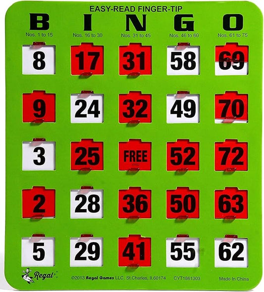 Regal Bingo - Shutter Slide Bingo Cards Only - 8” x 9” - 5-Ply Green Cardstock - Easy to Read - No Duplicates - Red Sliding Windows - Perfect for Large Groups, Bulk Purchasing