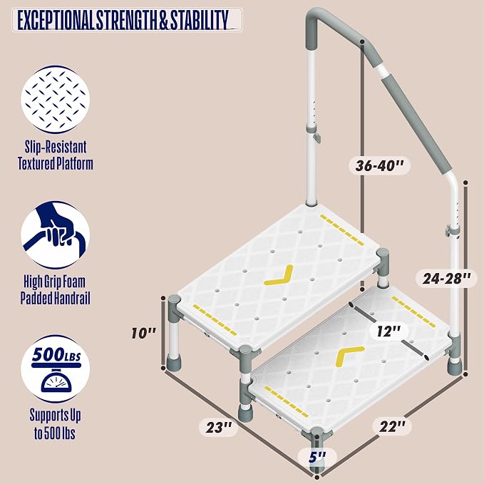 Extra Long Step Stool with Handle for Elderly(22 Inch), Heavy Duty 2 Stepping Stool with Adjustable Handrails for High Beds, Non-Skid Platform Foot Stool for Adults, Seniors, Handicapped (White)