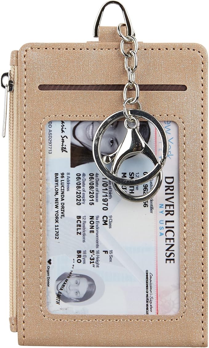 Women & Men Keychain Card Holder Case Zipper Slim Minimalist Front Pocket Wallet with 2 ID Window, Champagne Gold