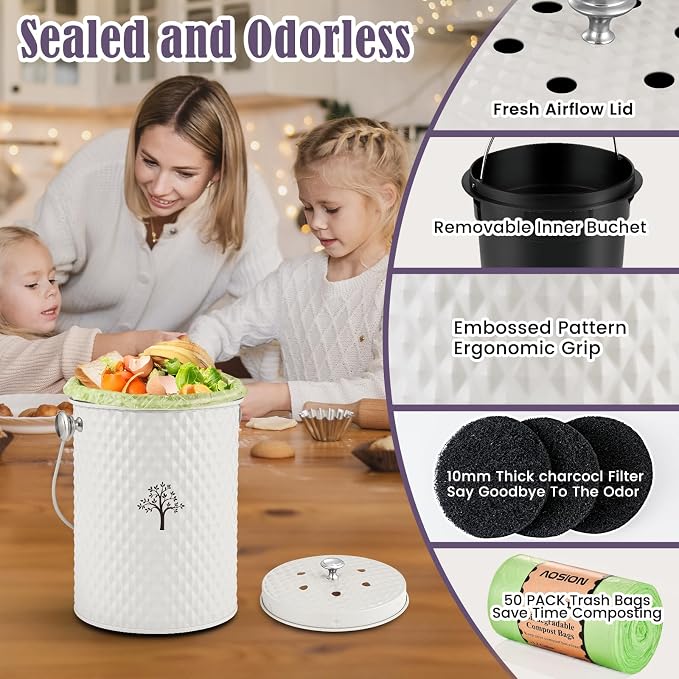 Countertop Kitchen Odorless Compost Bin with Removable Inner Bucket | 1 Gallon Composter Container,Includes 50 Compost Bags,2 Carbon Filters,Compost Bucket, ideal for food scraps,coffee grounds