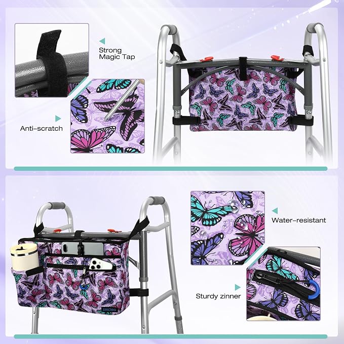 ZHCHG Walker Bag with Cup Holder, Walker Accessories for Seniors Detachable, Foldable Walker Basket with Big Capacity, Best Gift- Purple (Not Fit Rollator Walkers)