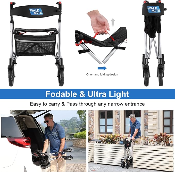 WALK MATE Rollator Walker for Seniors with Cup Holder, Upgraded Thumb Press Button for Height Adjustment, 4 x 8 Wheels Walker with Seat Padded Backrest Folding Lightweight Walking Aid, Silver