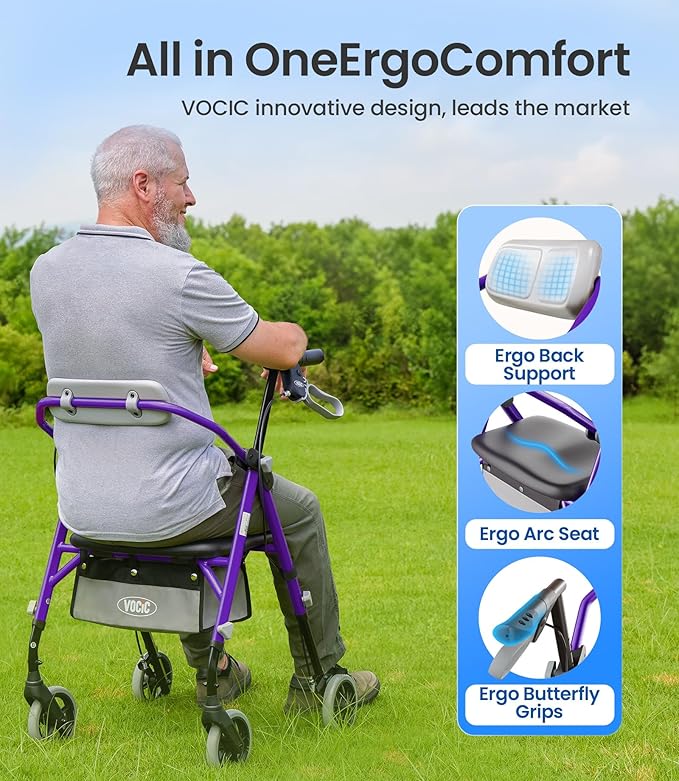 VOCIC Z12 Walker for Seniors with Seat, 13.4 LBS Ultra Light, 350 LBS | Ergo Seat & Backrest for Comfort, Height Adjustable & Easily Foldable for Seniors, All Terrain Wheels, Silver