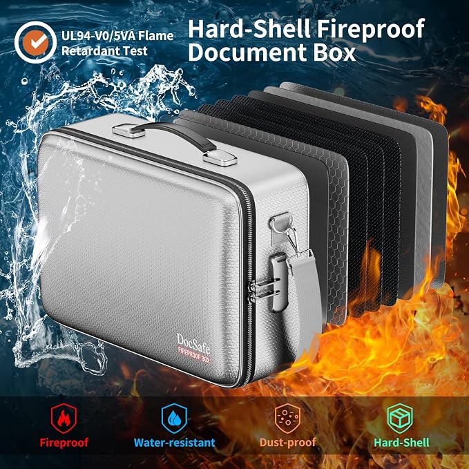 DocSafe Fireproof Document Box Hard Case with Lock ＆ Accordion File Folder | Fire and Water Resistant Safe Box,File Organizer,Multi-Pocket,Home Office Travel Storage for Important Document,Laptop,Silver