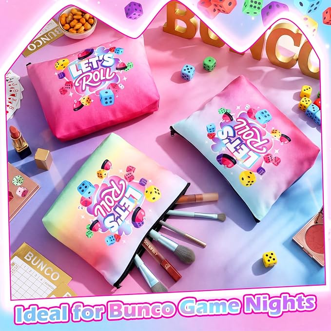 12 Pcs Bunco Gifts for Women Bunco Makeup Bags Let's Roll Dice Game Makeup Bags Casino Lover Gifts Travel Zipper Pouch Dice Game Present Birthday Present for Women Players