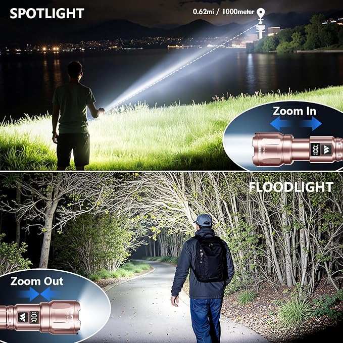 WdtPro LED Rechargeable Flashlight 2 Pack, 3 Modes Super Bright High Lumens Flashlights, Zoomable Tactical Flash Light with LCD Display, IP65 Waterproof Flashlights for Home Emergency Camping - Pink