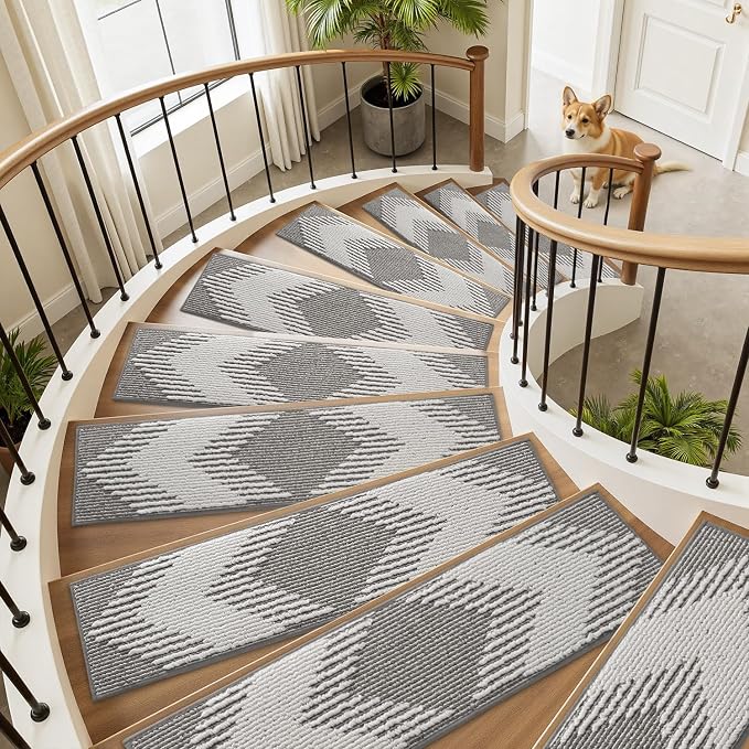 PADOOR 7PC Stair-Treads Non Slip, 3D Peel and Stick Stair Treads for Wooden Steps Indoor, Stair-Carpet Treads Washable Reusable Adhesive Stair-Runner Rugs for Kids and Dogs 8"x30" Grey