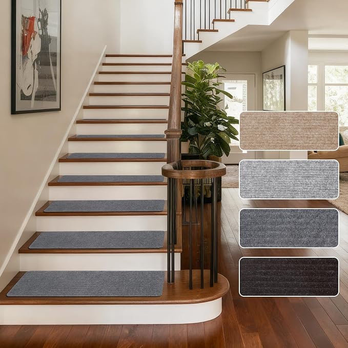 Extra Wide Non Slip Stair Treads for Wooden Steps 9" x36'' – 15 Pack Extra Wide Carpet Runners with Reusable Adhesive, Step Pads for Dogs, Kids, Seniors, Machine Washable – Dark Grey