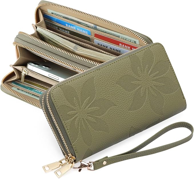 GOIACII Women's Wallet Large Capacity Double Zip Ladies Card Phone Holder RFID Blocking Wristlet Leather