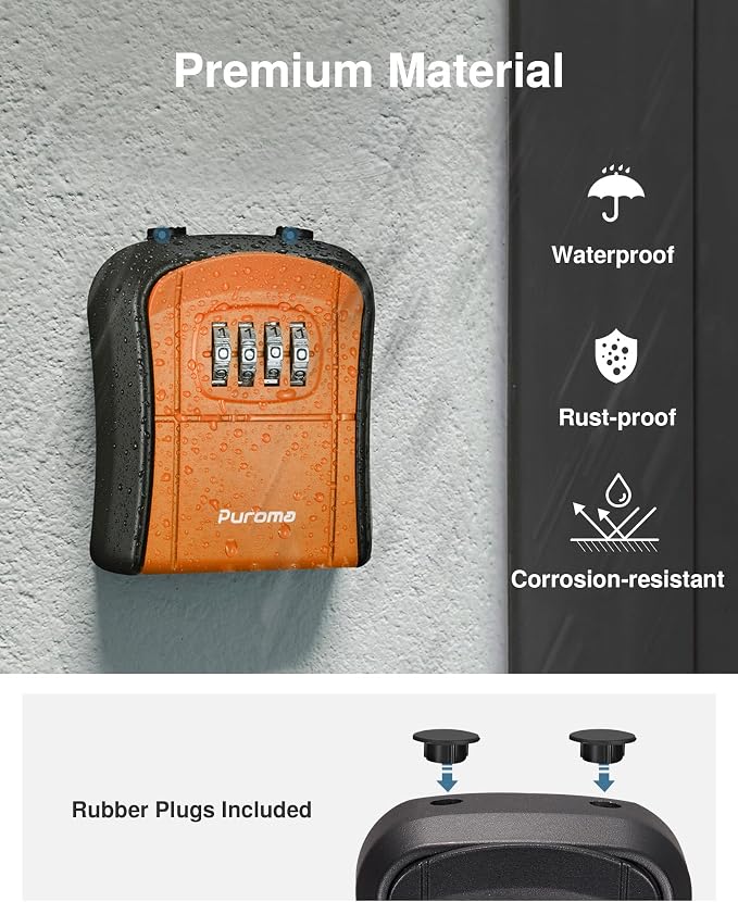 Puroma Key Lock Box Outdoor 4 Digit Code Combination Lockbox House 1 Orange | For Contractors Guest Realtor Storage Keys, Portable, Home Wall Mount, Resettable, Combination, Weatherproof, High-capacity