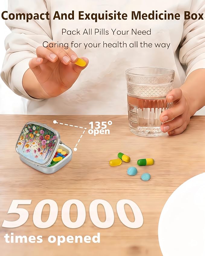 LRITER Pill Case, 2 Compartment Portable Small Travel Pill Organizer for Purse and Pocket, Stylish Medicine Case with Multiple Patterns, Daily Pillbox for Home & Travel (Little Flower)