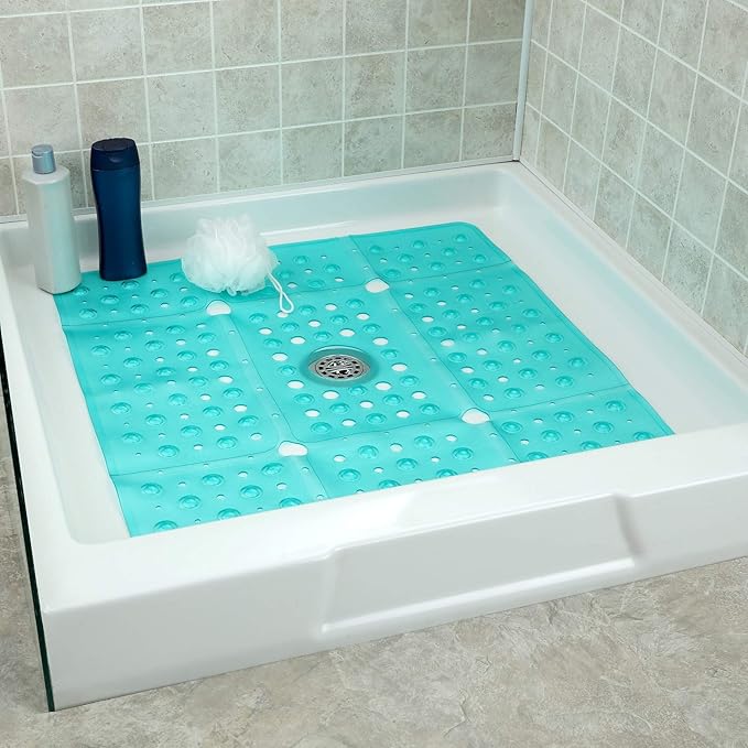 SlipX Solutions 27" Oversize Square Shower Mat, Non-Slip Mat for Elderly & Kids, 100+ Power Grip Suction Cups for Smooth Surfaces, Machine Washable, Transparent Aqua