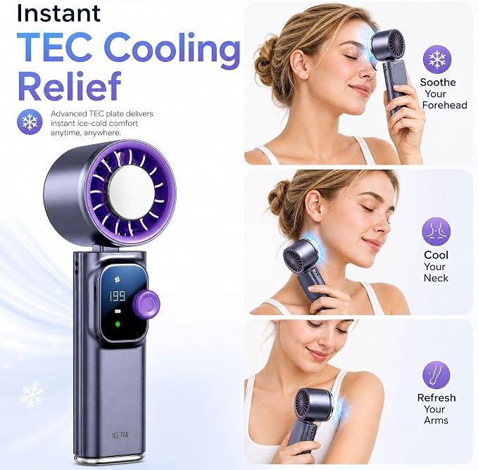 Portable Handheld Fan with Ice Cooling Personal Rechargeable Mini Neck Fan | 199-Speed 20000RPM 4000mAh Battery Powered up to 15hrs, LED Display Foldable & Hangable for Travel, Camping & Outdoor, Purple