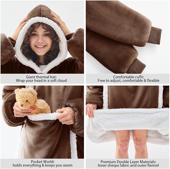 JOYWOO Brown Wearable Blanket Hoodie,Oversized Cat Lovers Sweatshirt Blanket for Adult & Teens,Birthday Gifts for Women Men Mom Girl Boys,Cozy Fuzzy Sherpa Sweatshirt Blanket Giant Pocket Gifts,Small
