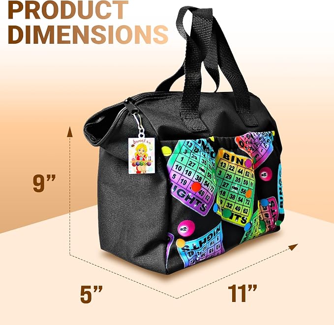 LUCKY LADY DAUBER CO. Neon Bingo Bags with Pockets, 6 Pocket Bingo Daubers Bag with Inside Liner and Sweet on Bingo Lucky Charm - Card and Dauber Bingo Bags for Women, Black Bingo Dauber Bag