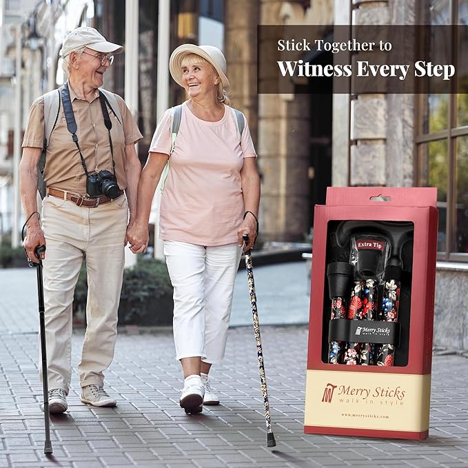 Merry Sticks Lightweight Foldable Walking Canes for Women and Men, Adjustable & Collapsible Walking Stick for Seniors, Non-Slip Ergonomic Handle with 1 Extra Replacement Cane Tip – Jet Black