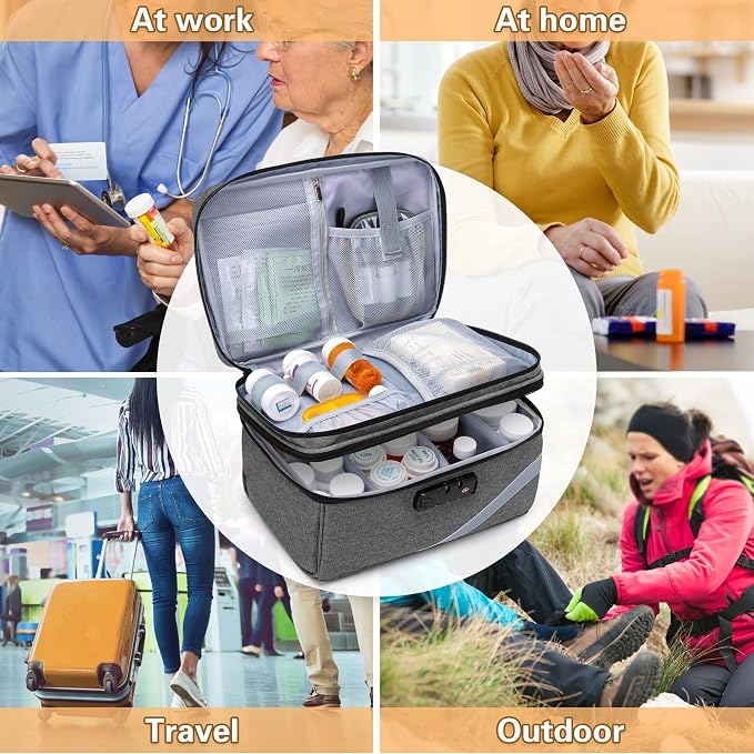 Trunab Medicine Storage Bag with Combination Lock, Pill Bottle Organizer | Lockable Travel Medication Carry Case for Medicine Box, Prescription, Vitamins, Supplements or Medical Supplies