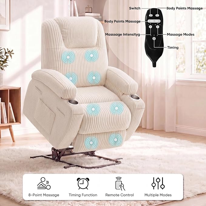 Flamaker Power Lift Chair Massage Recliner Chairs for Elderly | Ergonomic Lift Recliner Design with Cup Holders & Side Pockets, Remote Control (Corduroy, White)