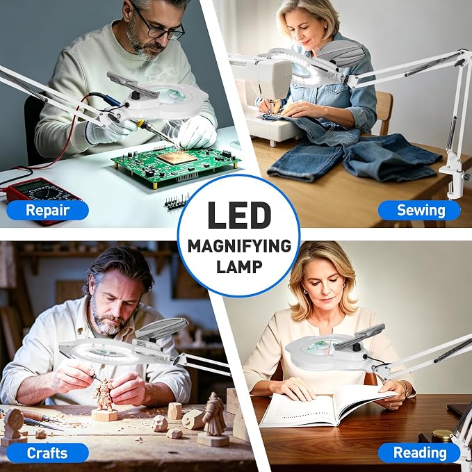 KIRKAS 12X 30X LED Magnifying Lamp with Clamp, 2,200 Lumens Dimmable Bright | 28in Adjust Swivel Arm Magnifying Glass with Light for Repair Reading Craft Needlework Workbench Magnifier Dust Cover White