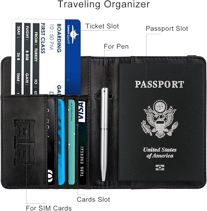 WALNEW Passport Holder for Travel, RFID Passport Wallet, Travel Essentials | PU Leather Passport Cover Case with Pen Holder, Travel Must Haves Accessories, Passport Book Holder for Women Men