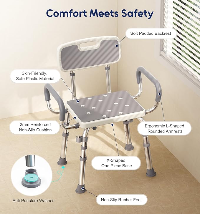 FSA & HSA Eligible Shower Chair for Inside Shower with Arms and Back, 500lbs Capacity Height Adjustable Shower Seat with Thickened Frame for Seniors, Elderly and Disabled