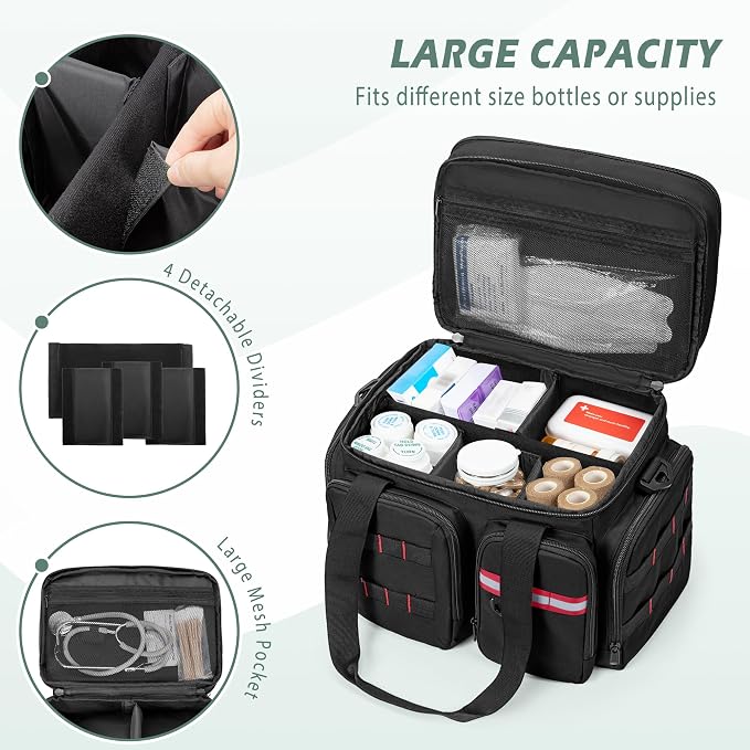 Marscamd Medicine Organizer Bag with Insulated Pocket, Black (Bag Only) | Pill Bottle Storage Bag with 4 Customized Dividers & Shoulder Strap for Medication, Insulin and First Aid Supplies