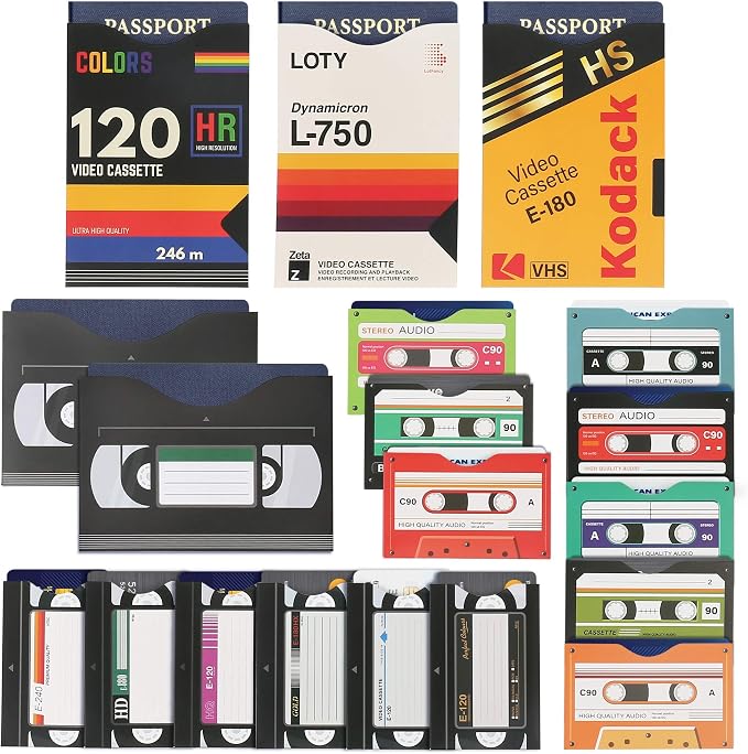 LotFancy RFID Blocking Sleeves (19 Pack, 14 Credit Card Sleeves + 5 Passport Sleeves) for Identity Theft Protection, Designed with Cassette Pattern