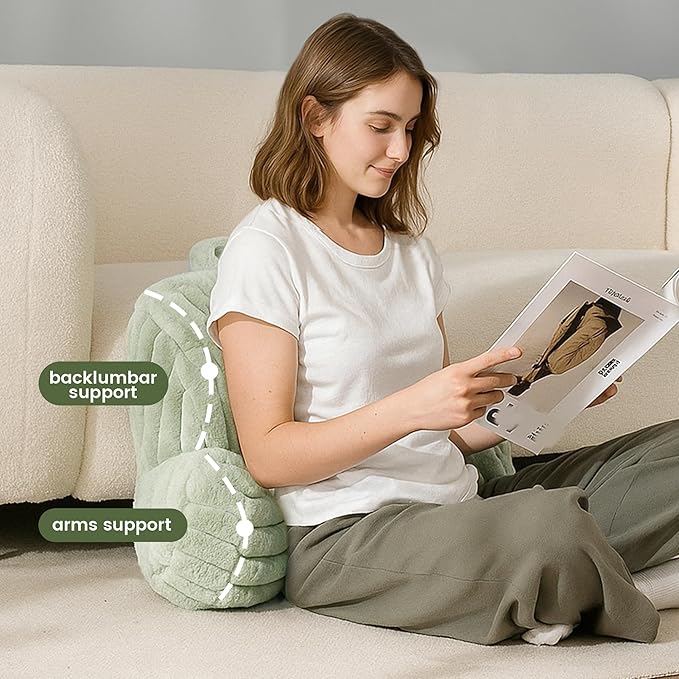 Amélie Home Faux Fur Reading Pillow with Pocket for Sitting in Bed, Kids Backrest Bed Pillow with Washable Cover for Lounging, Study & Relaxing, Sage Green 17 inches