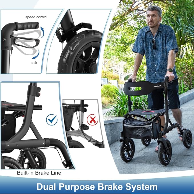 Walkers for Seniors, Rollator Walker with Seat, 12" Big Rubber Wheels All Terrain Rollator Walker with Backrest, Built-in Cable, Cup Holder, Foldable and Height Adjustment for Seniors, Black