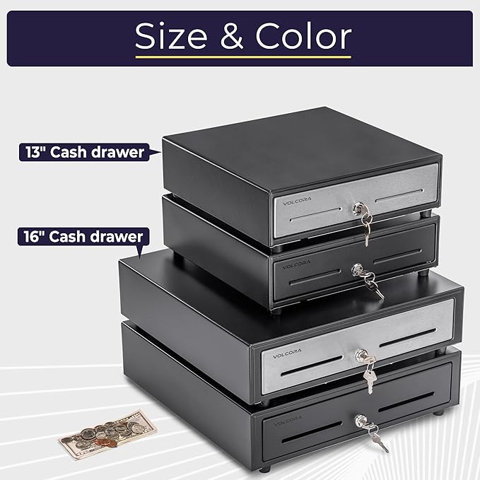 Volcora 13" POS Cash Register Drawer, 4 Bill 6 Coin Tray, Removable Coin Compartment, 12-24V RJ11/RJ12 Key-Lock, Media Slot, Black – Ideal for Small Businesses
