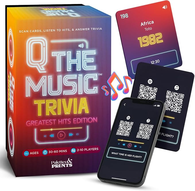 Q The Music – Music Lyric Party Trivia Quiz Card Game for Adult and Family Game Nights, 2-10 Players, Scan, Listen to Iconic Hits, and Answer Trivia – Adult Games for Parties