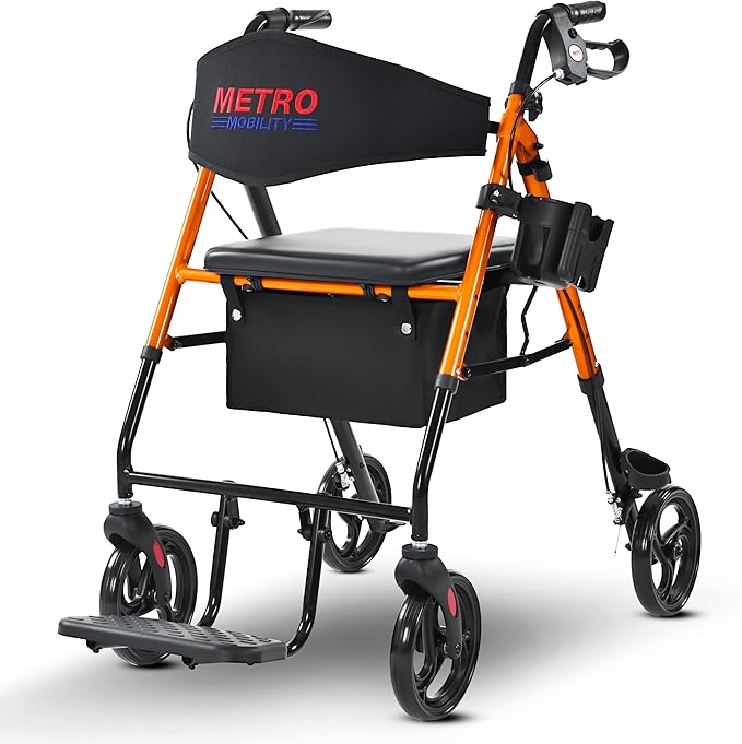 Metro Mobility 2 in 1 Rollator Walker & Transport Wheelchair, Foldable Lightweight Rollator Walker with Seat for Seniors, 8" Big Wheels for All Terrain, 300 lb. Weight Capacity, Orange