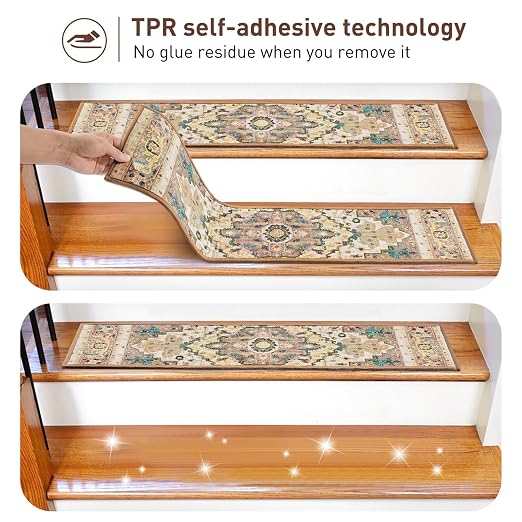 Stair Treads for Wooden Steps Indoor, 15 Pack 8" X 30" Non Slip Carpet Stair Treads with Reusable Adhesive for Kids Elders and Dogs, TPR Backing Stair Rugs Oriental Staircase Step Treads,Bohemia