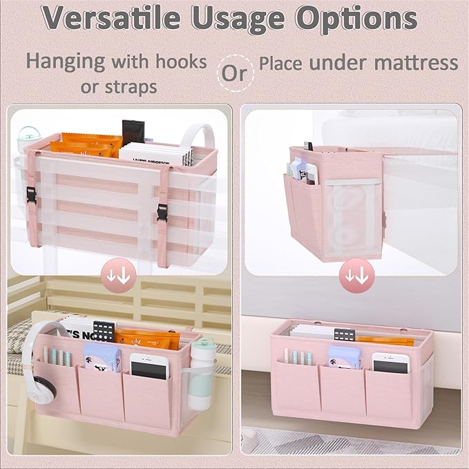 Bedside Caddy Storage Organizer for Bed Rails, Bed Caddy with 6 Pockets | Bedside Organizer with Fixed Straps and Hooks, Mattress Supported Versatile for Home, Dorm, Bunk, Hospital and Crib Bed