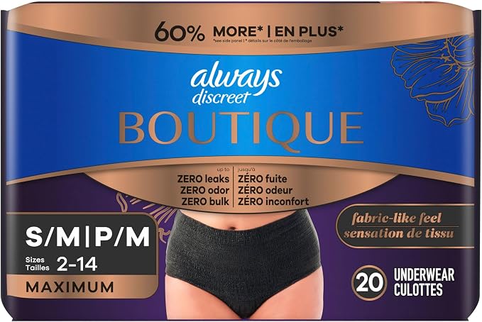 Always Discreet Boutique Incontinence and Postpartum Underwear for Women, Maximum Protection, Small/Medium, Black, 20 Count