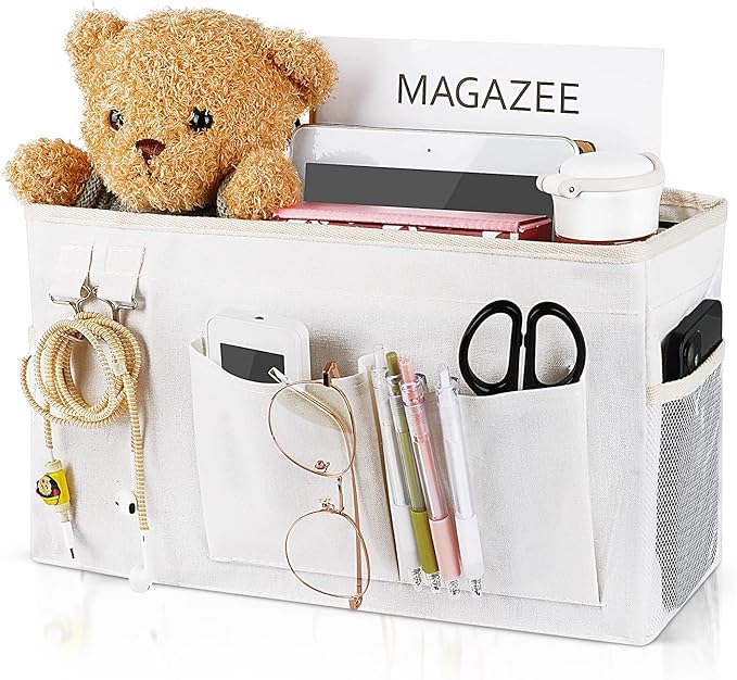 Bedside Caddy Organizer Hanging Storage Bag Bunk Bed White | Bed Caddy with Magazine Water Bottle Phone Holder for College Dorm and Hospital Beds