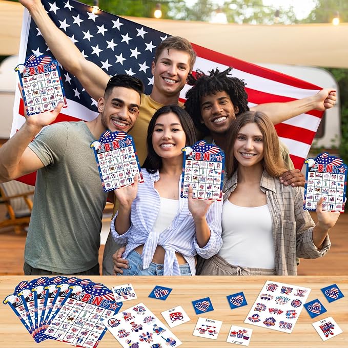 39Pcs 4th of July Bingo Game for Adults Kids 24 Players Eagle Shape Bingo Game Cards with Reward Stickers for Family Friend Student Large Group Activities Independence Day Patriotic Party Favors